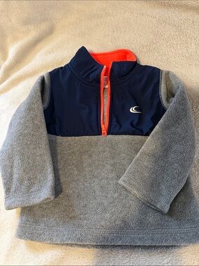 Baby Boy Carters Grey Fleece Pullover with Navy Chest and Coral Trim